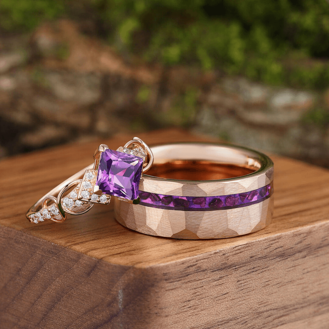 Artsy Princess Cut Purple Amethyst Engagement Twig Couples Ring Tungsten Matching His And Her Wedding Ring - Esdomera