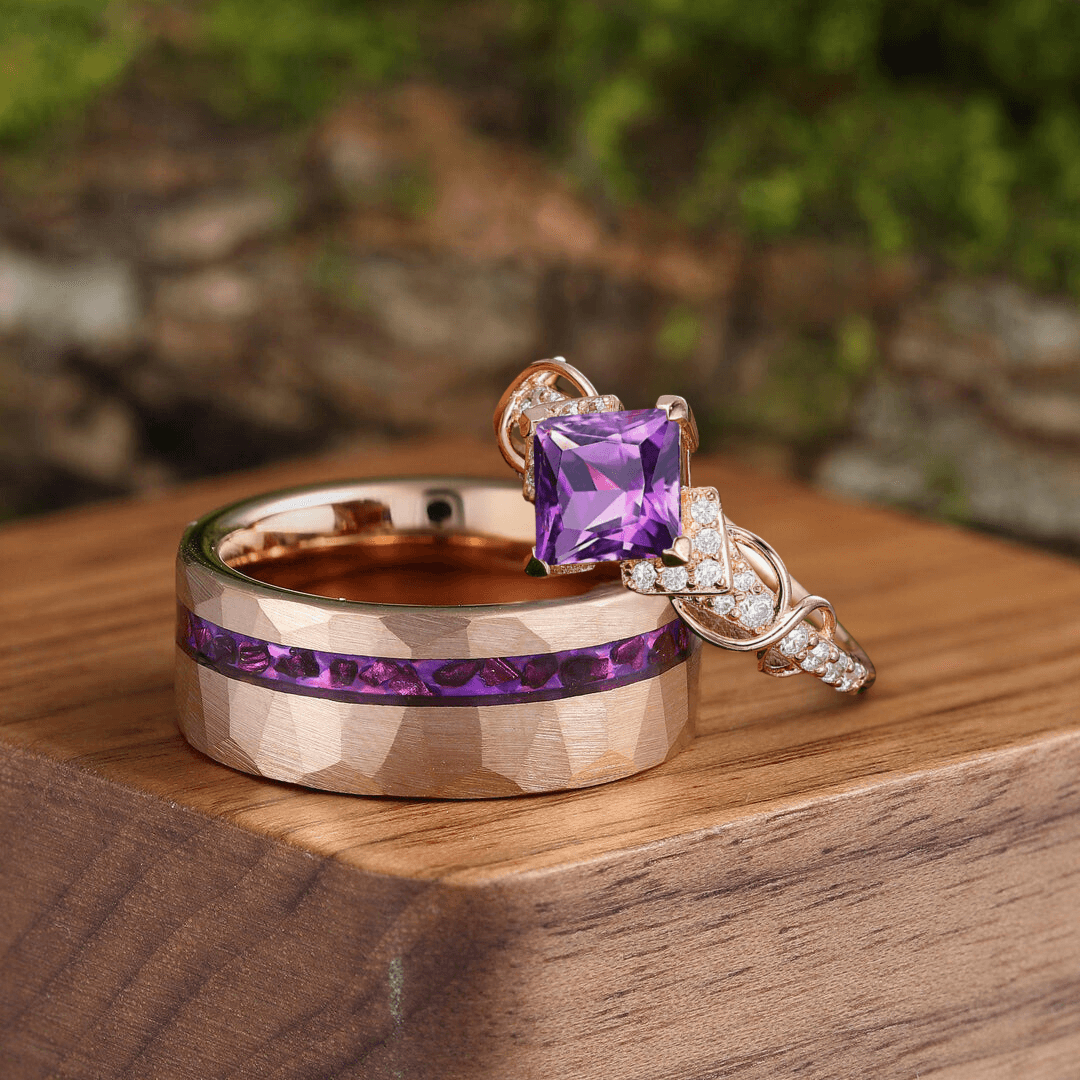 Artsy Princess Cut Purple Amethyst Engagement Twig Couples Ring Tungsten Matching His And Her Wedding Ring - Esdomera