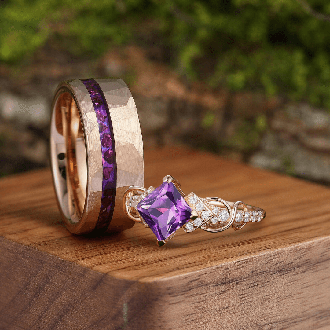 Artsy Princess Cut Purple Amethyst Engagement Twig Couples Ring Tungsten Matching His And Her Wedding Ring - Esdomera