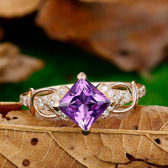 Artsy Princess Cut Purple Amethyst Engagement Twig Couples Ring Tungsten Matching His And Her Wedding Ring - Esdomera