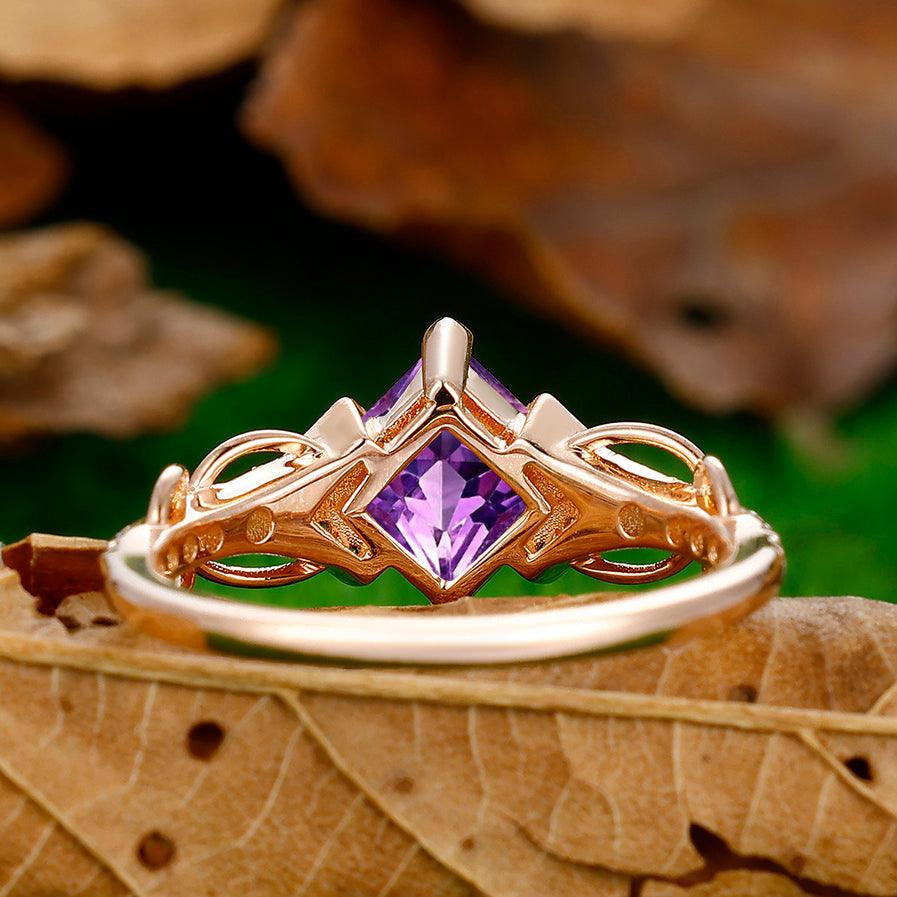 Artsy Princess Cut Purple Amethyst Engagement Twig Couples Ring Tungsten Matching His And Her Wedding Ring - Esdomera