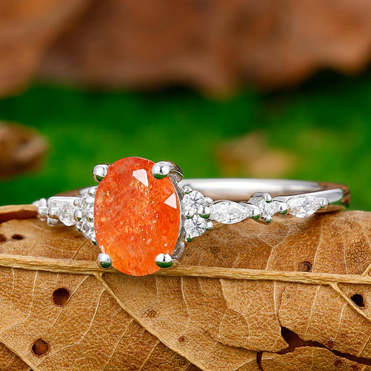 Artsy Prong Setting Oval Cut Natural Sunstone Engagement Ring Women Wedding Ring - Esdomera