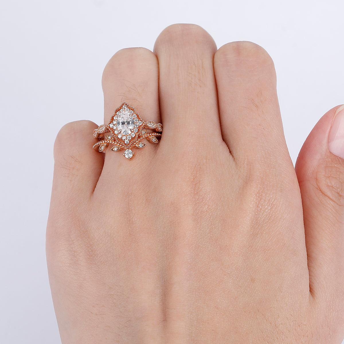 Artsy Prongs Moissanite Floral Engagement Ring Set Bridal Wedding