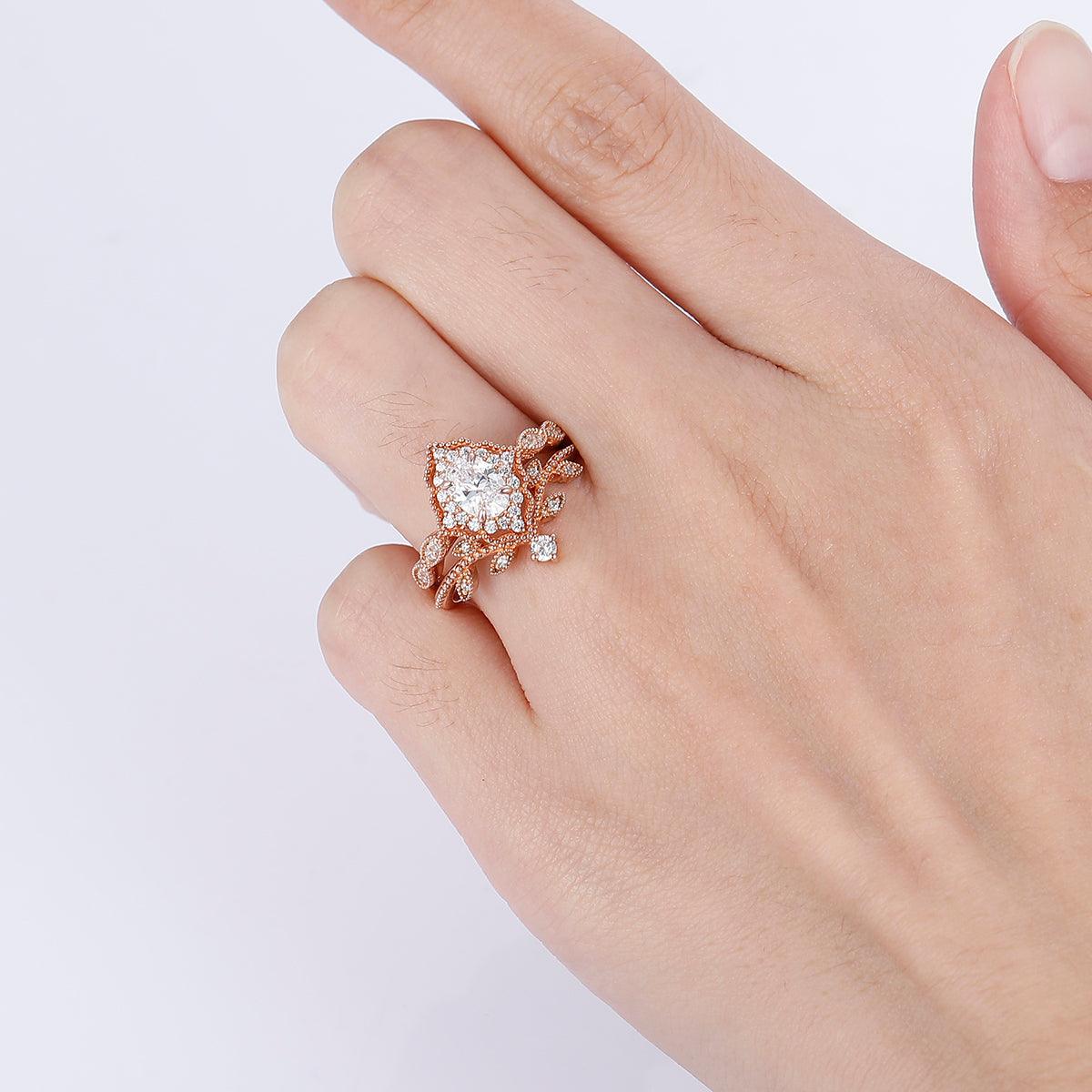 Artsy Prongs Moissanite Floral Engagement Ring Set Bridal Wedding