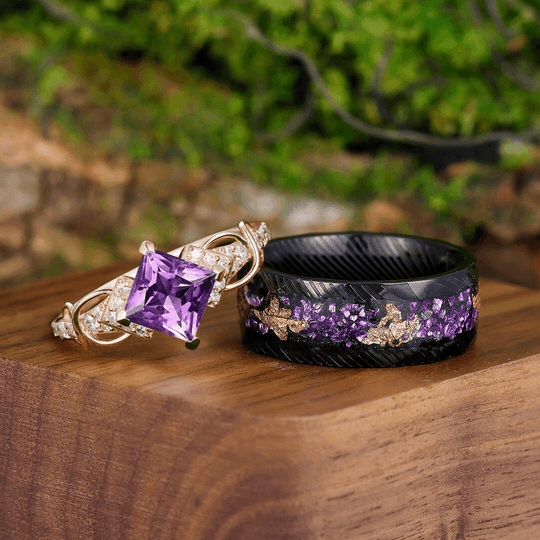 Artsy Purple Amethyst Engagement Vine Couples Ring Set Damascus Steel His and Hers Wedding Band - Esdomera