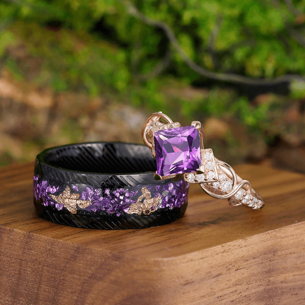 Artsy Purple Amethyst Engagement Vine Couples Ring Set Damascus Steel His and Hers Wedding Band - Esdomera