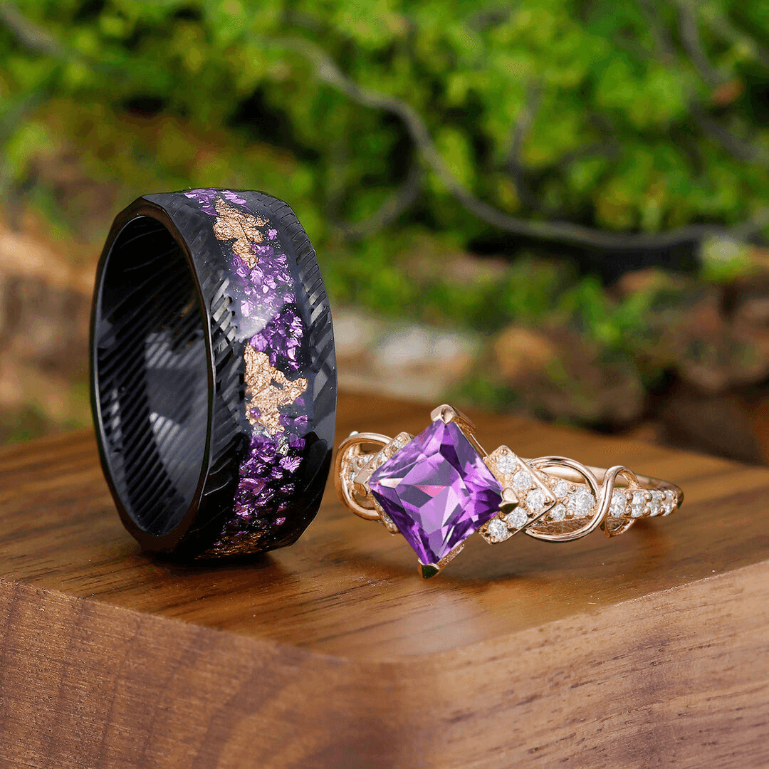 Artsy Purple Amethyst Engagement Vine Couples Ring Set Damascus Steel His and Hers Wedding Band - Esdomera