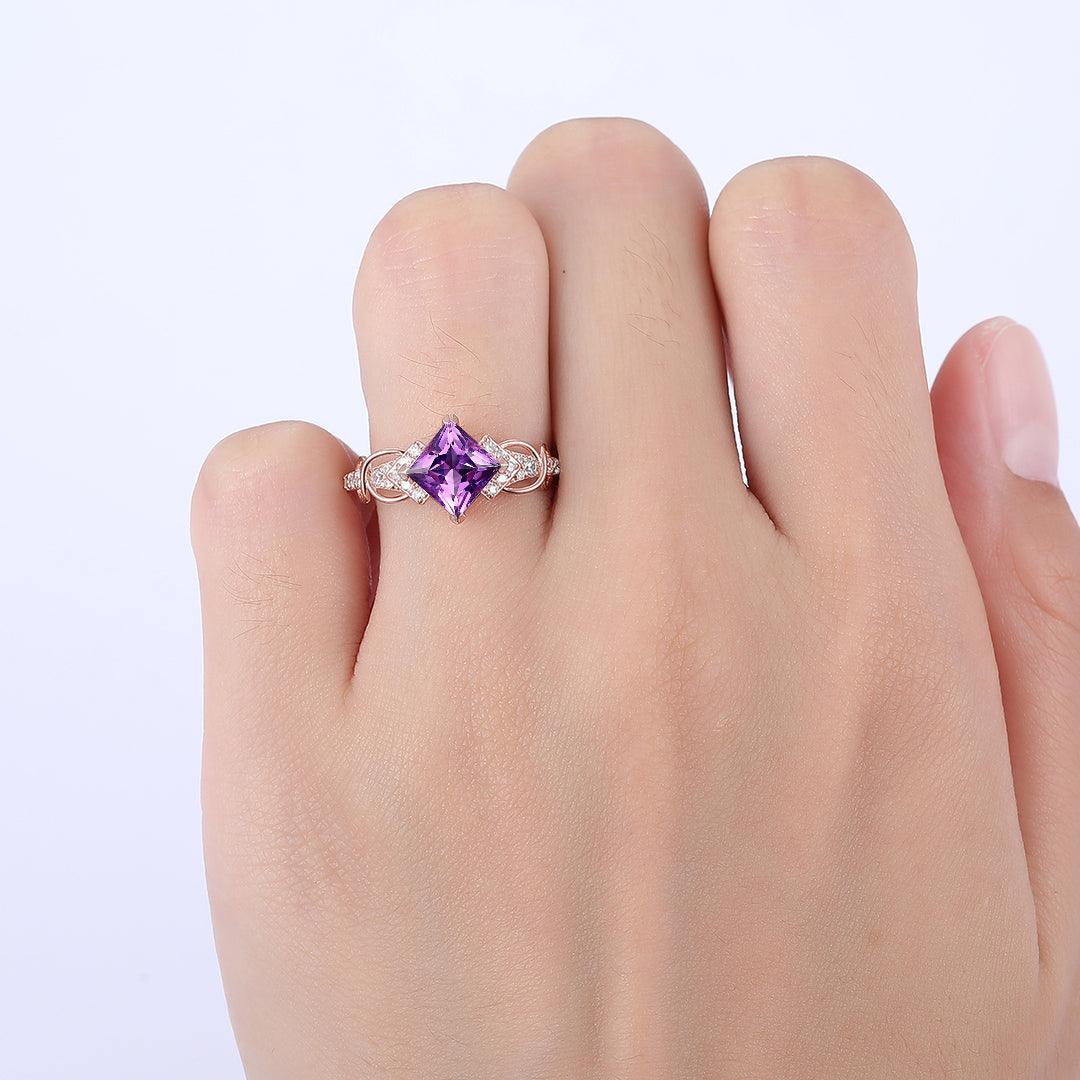 Artsy Purple Amethyst Engagement Vine Couples Ring Set Damascus Steel His and Hers Wedding Band - Esdomera