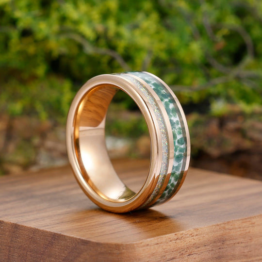 Australian Opal-Moss Agate Inlay Ring 8mm Rose Gold Tungsten Steel Men's Ring Anniversary Gift - Esdomera