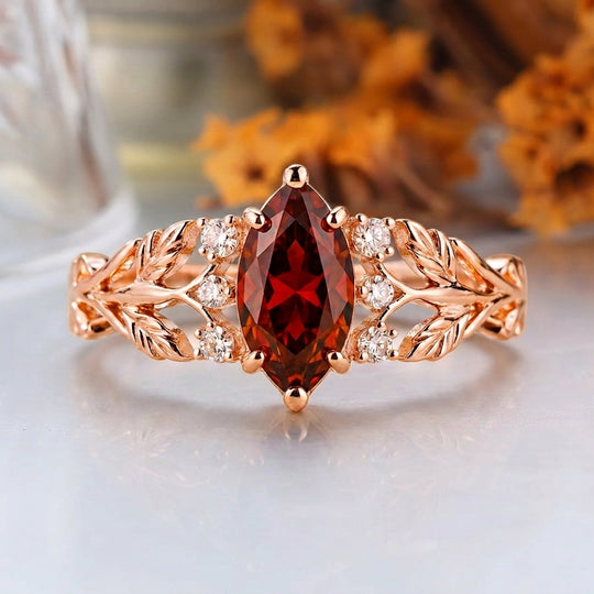 Oval Cut Natural Orange Garnet Vine Ring Set, 18K Solid Gold