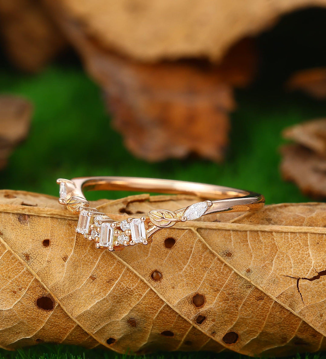 baguette wedding band unique leaf shaped moissanite ring antique leaf stacking matching ring women - Esdomera
