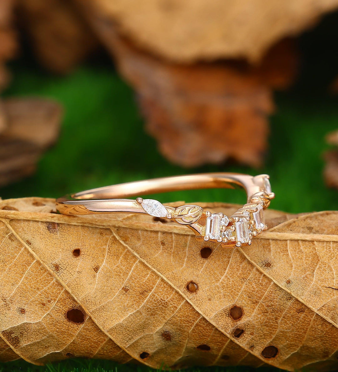 baguette wedding band unique leaf shaped moissanite ring antique