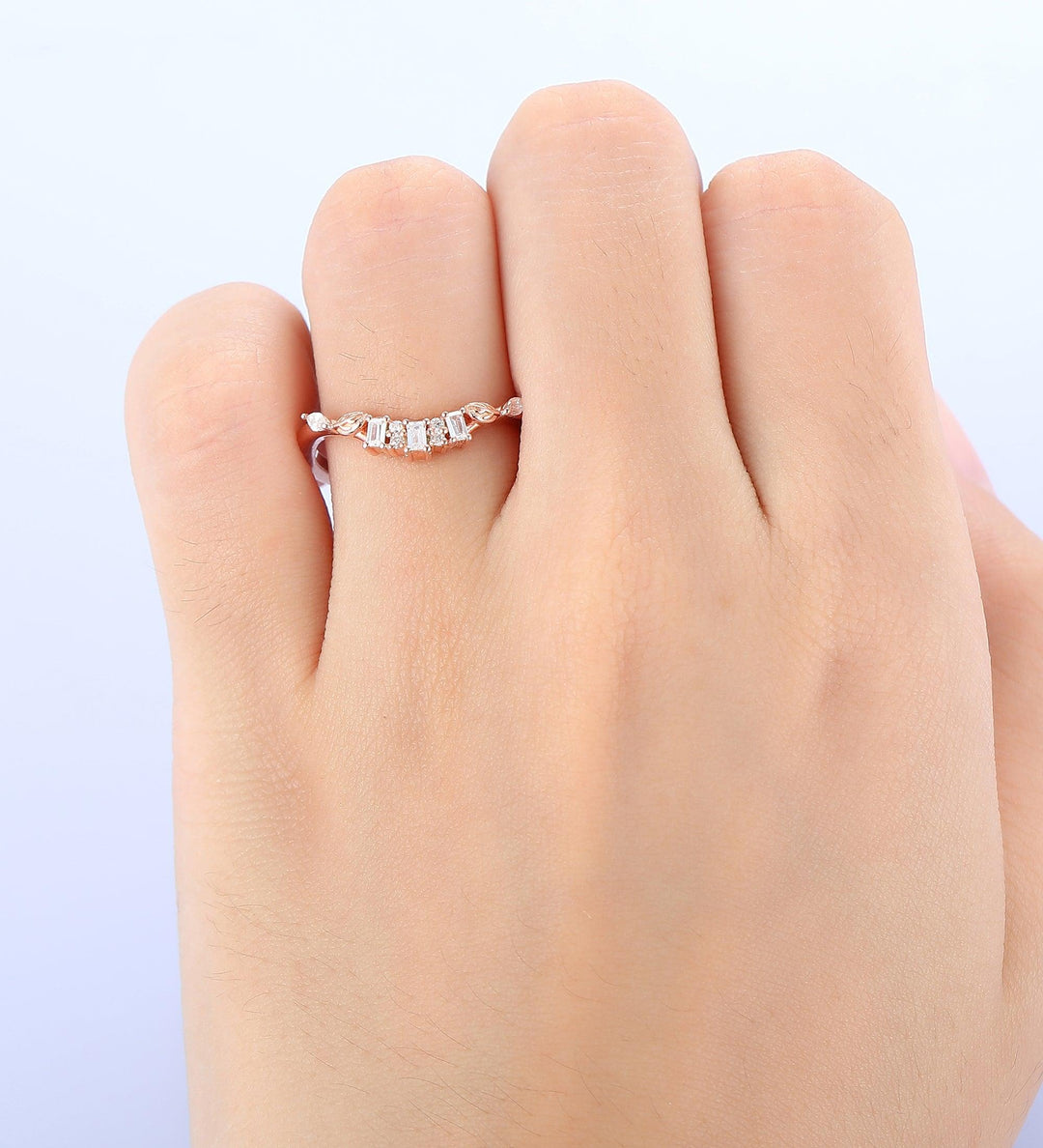 baguette wedding band unique leaf shaped moissanite ring antique leaf stacking matching ring women - Esdomera
