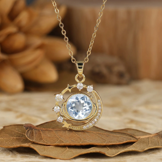 925 Silver Dainty Round Natural  Amethyst Moon and Stars Pendant Necklace 14K Gold Neckalce
