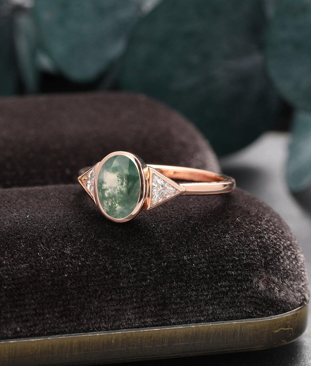 Bezel Set Oval Shaped Moss Agate Engagement Ring Triangle Moissanite Anniversary Ring - Esdomera