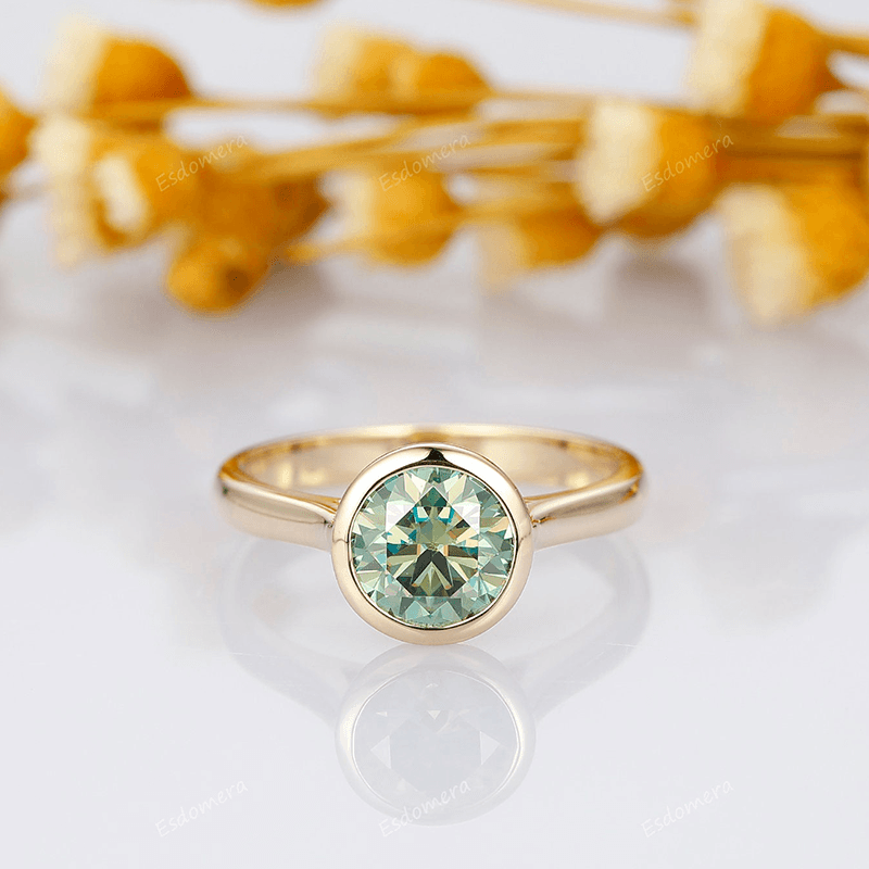 Bezel Setting Round Cut 1.5ct Blue Moissanite Solitaire 14k Yellow Gold Engagement Ring - Esdomera