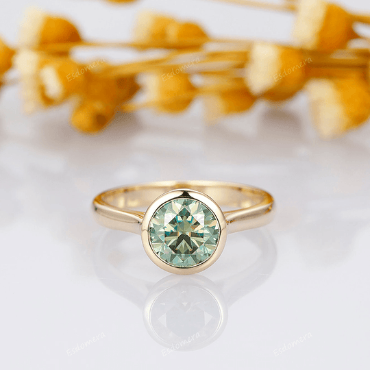 Bezel Setting Round Cut 1.5ct Blue Moissanite Solitaire 14k Yellow Gold Engagement Ring - Esdomera
