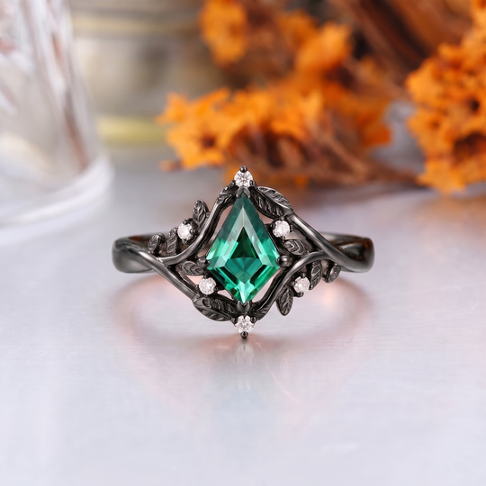 Emerald Cut Lab Grown Emerald Leaf Engagement Ring, 18K Solid Gold