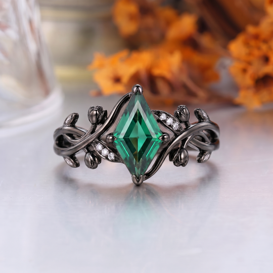 Kite Cut Lab Grown Emerald Leaf Engagement Ring, 18K Solid Gold
