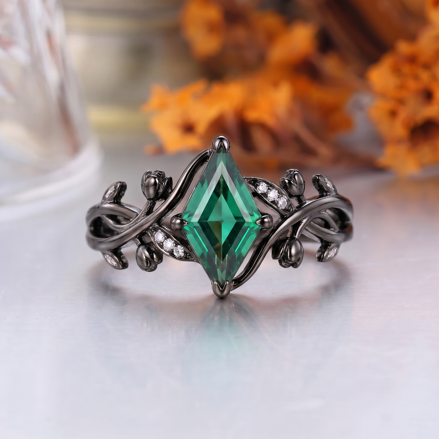 Kite Cut Lab Grown Emerald Leaf Engagement Ring, 18K Solid Gold