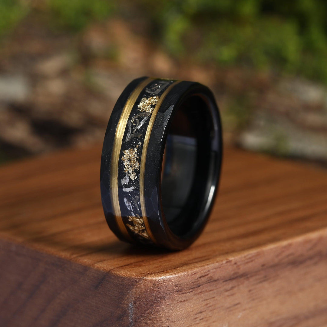 Black Meteorite Gold Foil Tungsten Mens Wedding Ring 8mm Hammer Promise Wedding Band - Esdomera