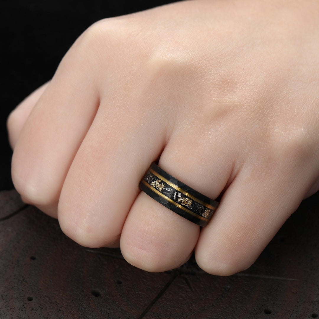 Black Meteorite Gold Foil Tungsten Mens Wedding Ring 8mm Hammer Promise Wedding Band - Esdomera