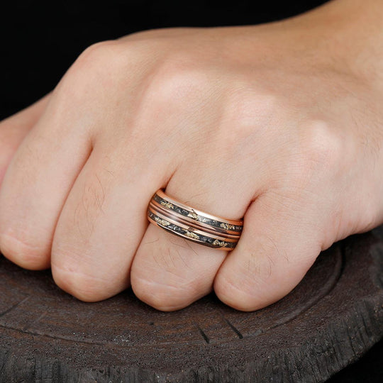 Black Meteorites Gold Foils Men' s Unisex Ring Scratch-Resistan Tungsten For Birthday Gift - Esdomera