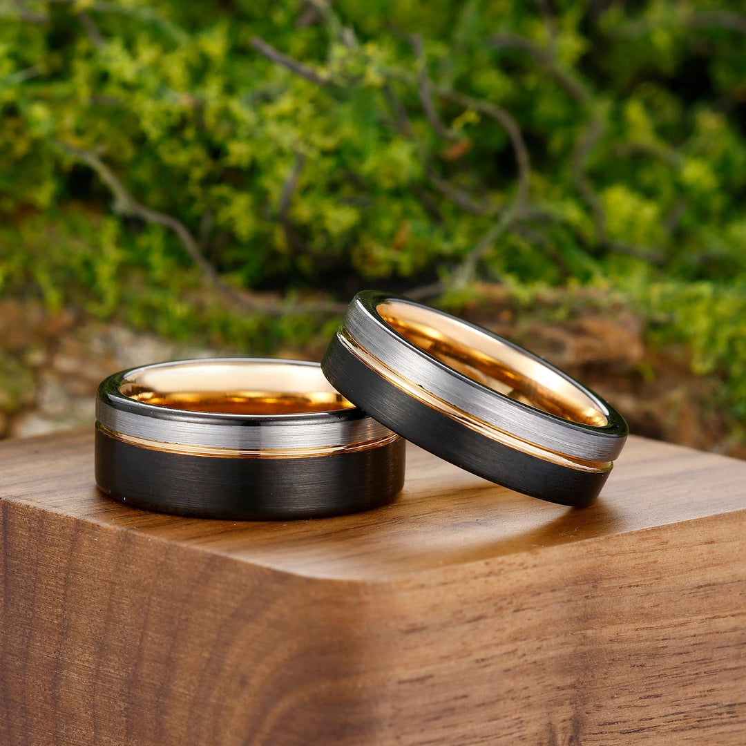 Black-Rose Gold-Silver Three-Color Couple Ring Sets His and Hers