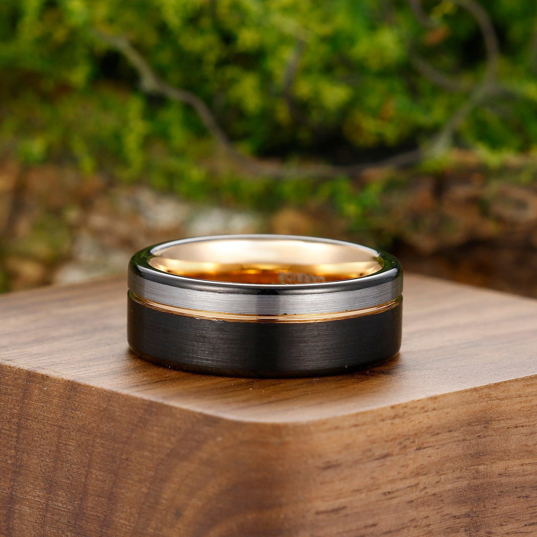 Schwarz-Rosegold-Silber Dreifarbige Partner-Ring-Sets Seine und Ihre Wolfram-Hochzeitsringe Silberring