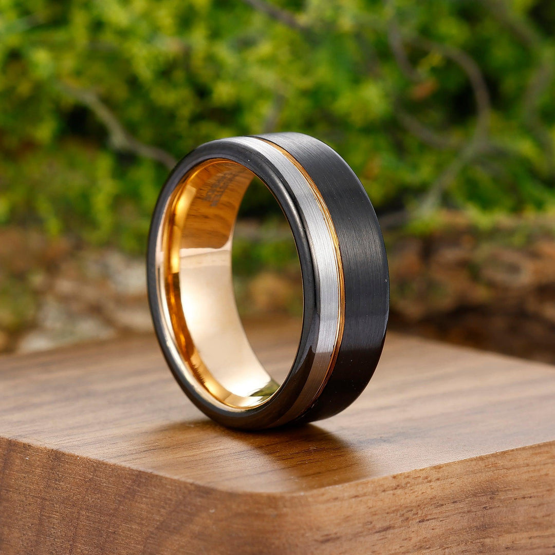 Black Rose Gold-Silver Three-color Tungsten Steel Ring 8mm Men's Ring Birthday Gift - Esdomera