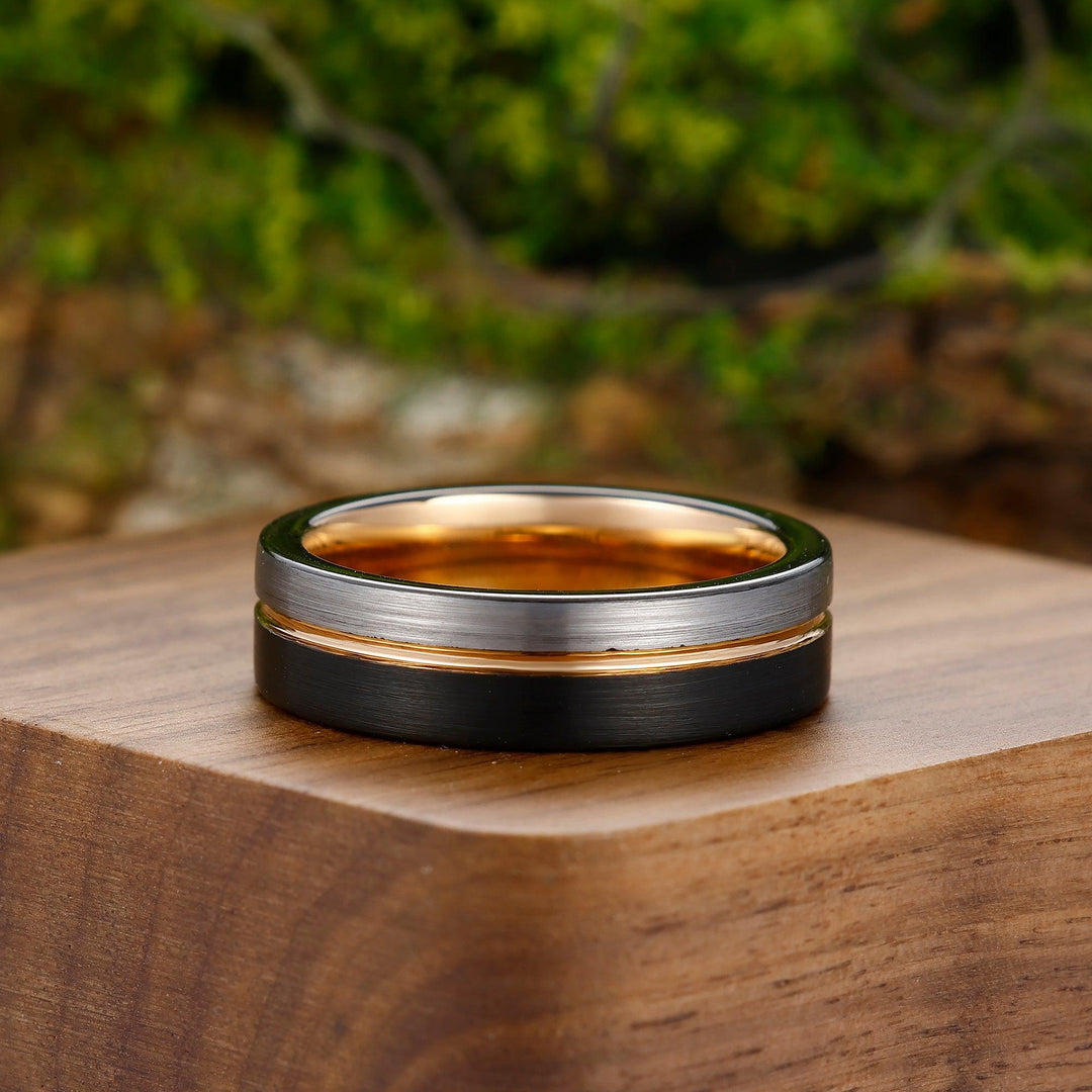 Schwarz-Rosegold-Silber Dreifarbige Partner-Ring-Sets Seine und Ihre Wolfram-Hochzeitsringe Silberring
