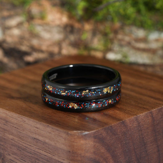 Black Sandstone Embellished With Fine Red And Blue Starry Gold Foil Ring Tungsten Wedding Ring 4mm Polished Dome Ring For Birthday Gift - Esdomera