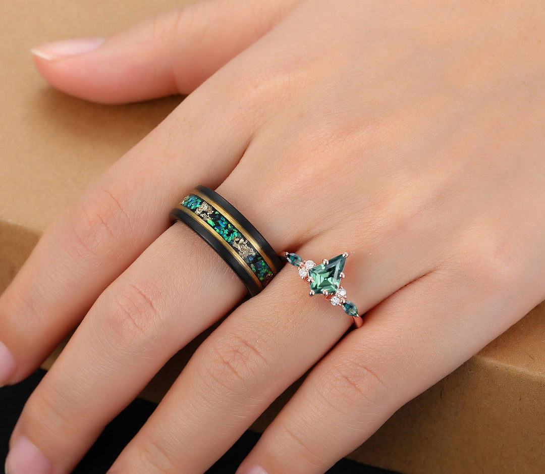 Black Tungsten Matching Nature Inspired Kite Green Sapphire Couples Ring Set His and Hers Wedding Band - Esdomera