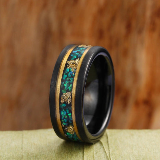 Black Tungsten Matching Nature Inspired Kite Green Sapphire Couples Ring Set His and Hers Wedding Band - Esdomera