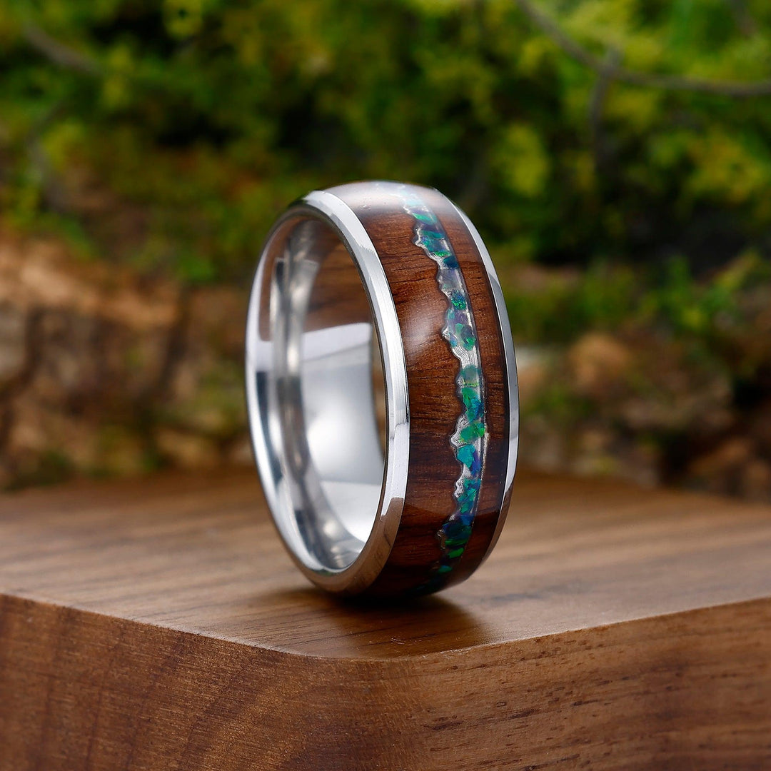 Blue Green Opal Inlay Wood Tungsten Wedding Band Silver Plated Polished Ring For Birthday Gift - Esdomera