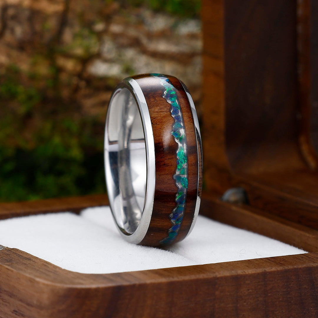 Blue Green Opal Inlay Wood Tungsten Wedding Band Silver Plated Polished Ring For Birthday Gift - Esdomera