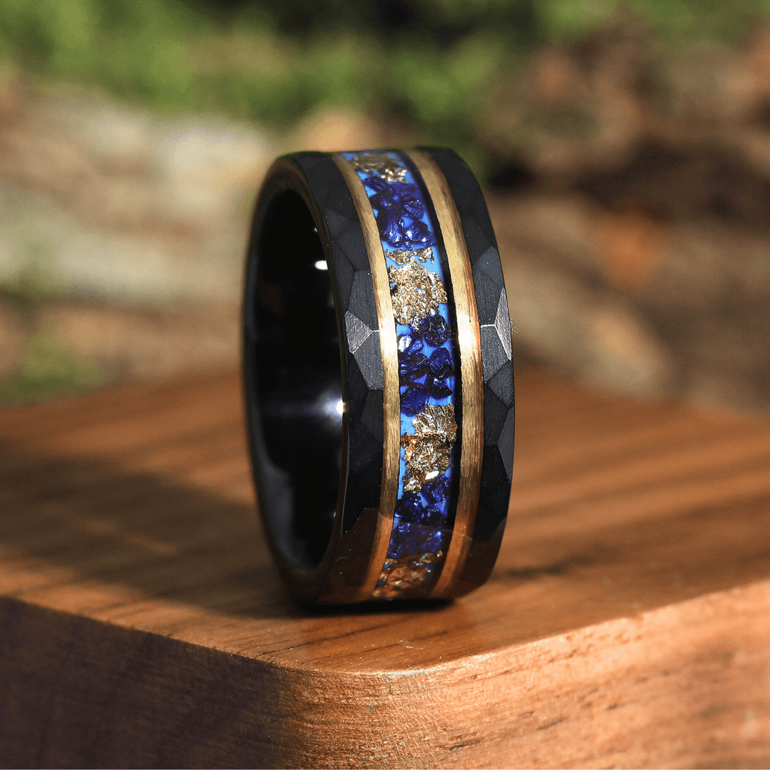 Blue Sapphire Gold Foil Hammered Men's 8mm Tungsten Ring Unisex Ring Gift - Esdomera