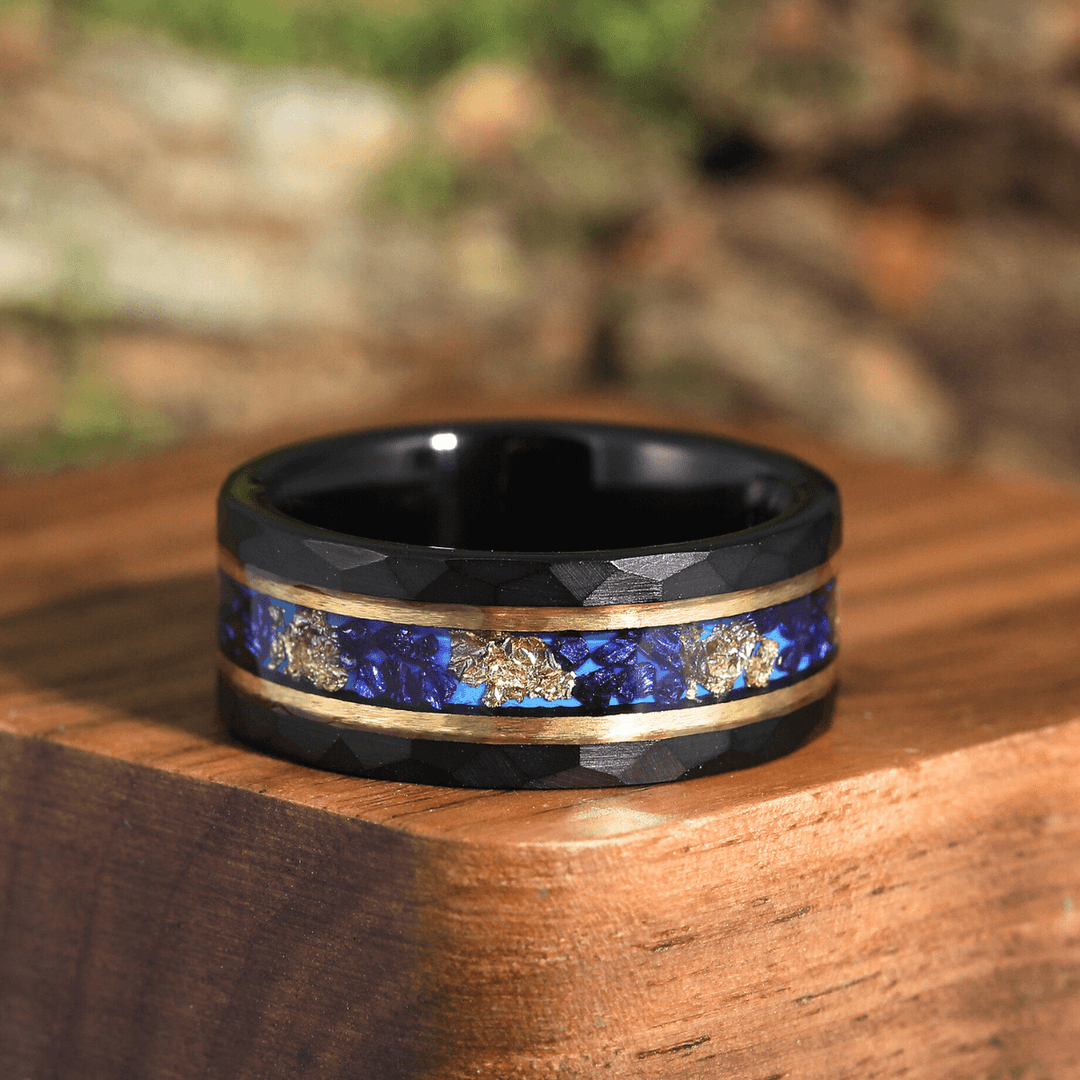 Blue Sapphire Gold Foil Hammered Men's 8mm Tungsten Ring Unisex Ring Gift - Esdomera