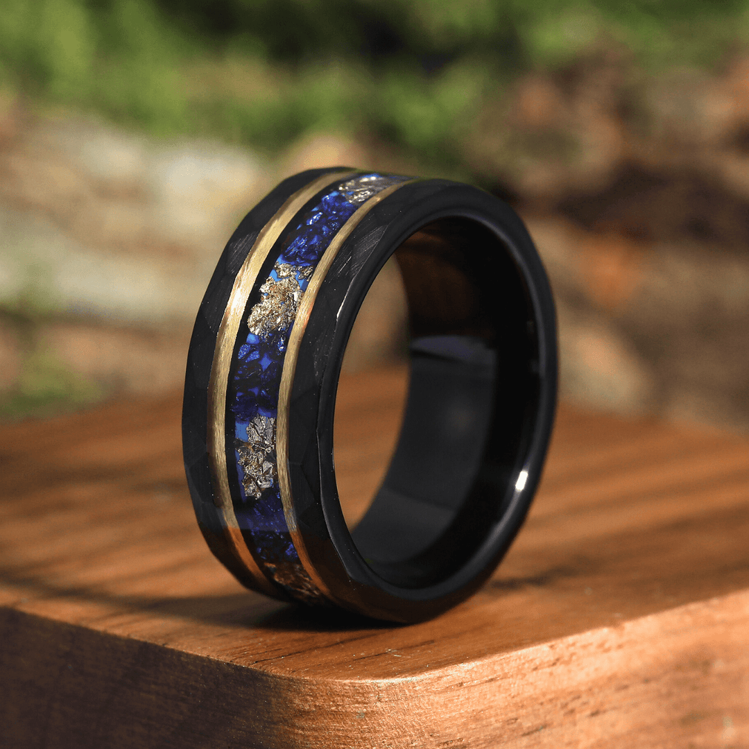 Blue Sapphire Gold Foil Hammered Men's 8mm Tungsten Ring Unisex Ring Gift - Esdomera