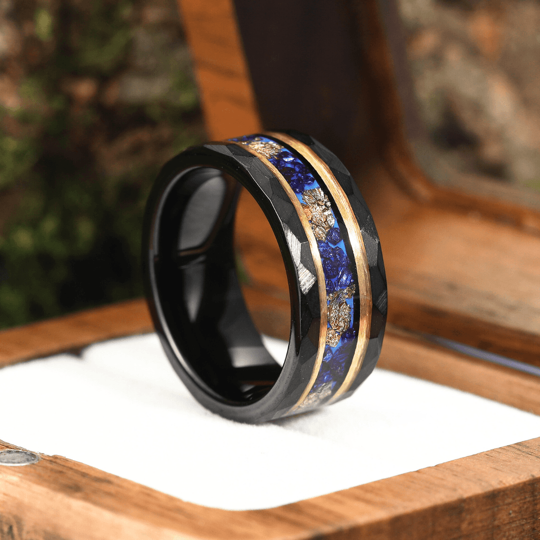 Blue Sapphire Gold Foil Hammered Men's 8mm Tungsten Ring Unisex Ring Gift - Esdomera