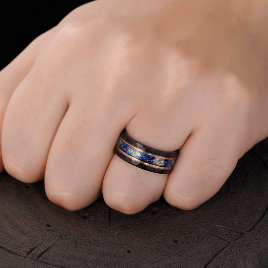 Blue Sapphire Gold Foil Hammered Men's 8mm Tungsten Ring Unisex Ring Gift - Esdomera