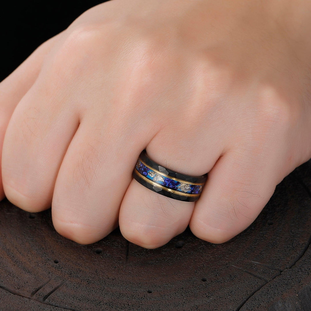 Blue Sapphire Gold Leaf Hammered Mens Sapphire 8mm Tungsten Ring Two Tone Gold Leaf Foil Matte Black Gold Accent - Esdomera