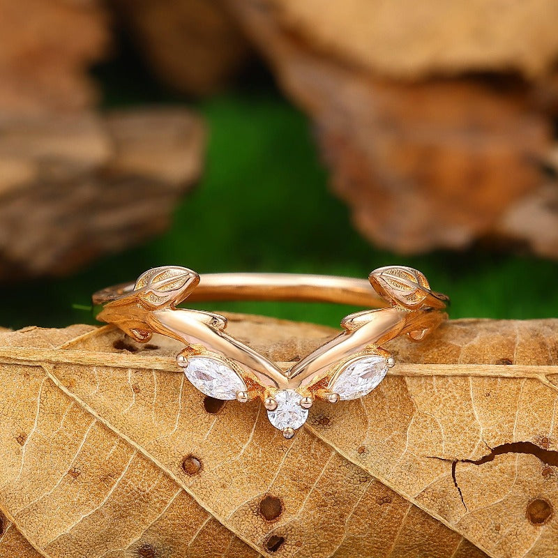 Branch Curved Leaf Stacking Ring 14k Rose Gold Bridal Wedding Band - Esdomera