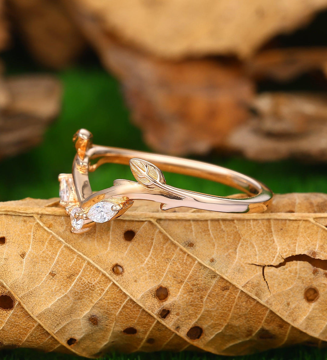 Branch Curved Leaf Stacking Ring 14k Rose Gold Bridal Wedding Band
