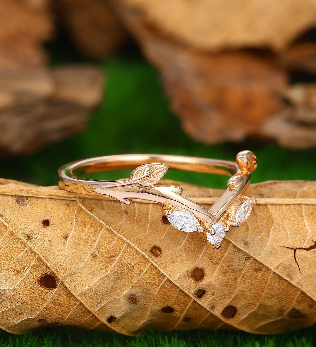 Branch Curved Leaf Stacking Ring 14k Rose Gold Bridal Wedding Band - Esdomera