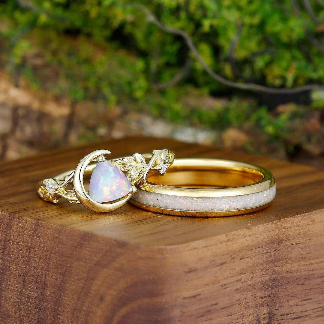 Branches Half-moon Pink White Opal Promise Couples Rings Set His and Hers Wedding Ring Sets - Esdomera