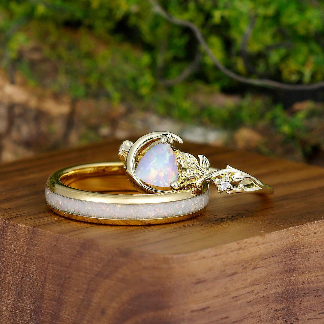 Branches Half-moon Pink White Opal Promise Couples Rings Set His and Hers Wedding Ring Sets - Esdomera