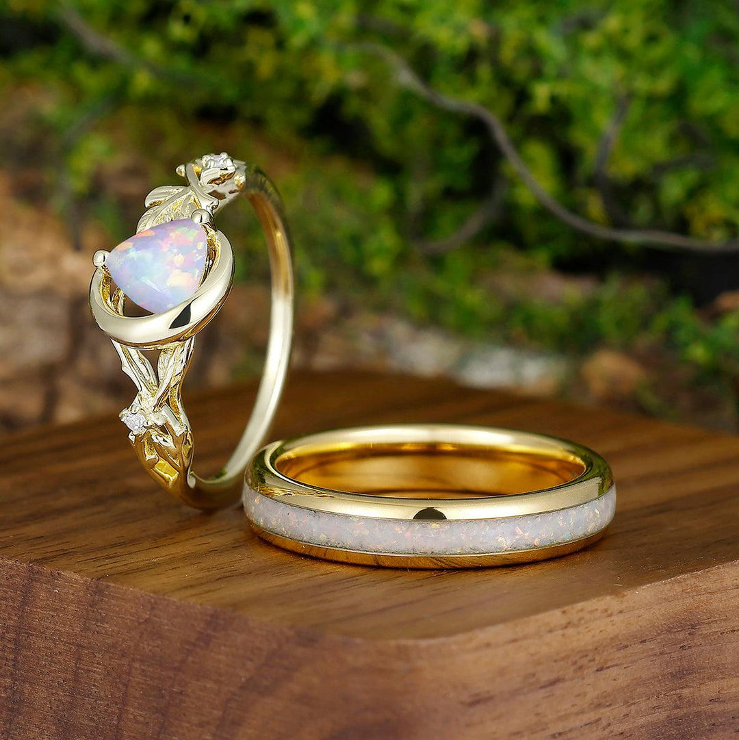 Branches Half-moon Pink White Opal Promise Couples Rings Set His and Hers Wedding Ring Sets - Esdomera