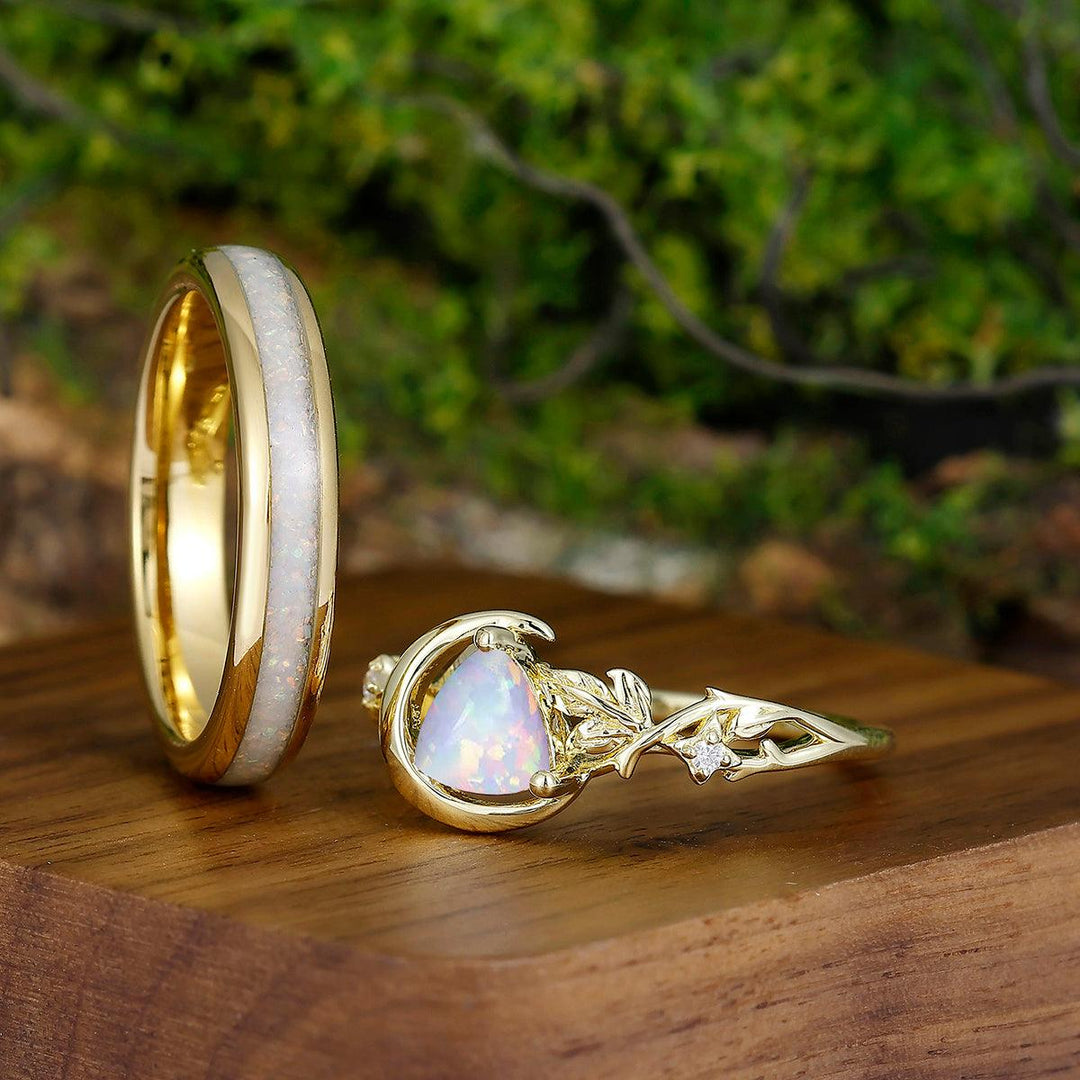 Branches Half-moon Pink White Opal Promise Couples Rings Set His and Hers Wedding Ring Sets - Esdomera