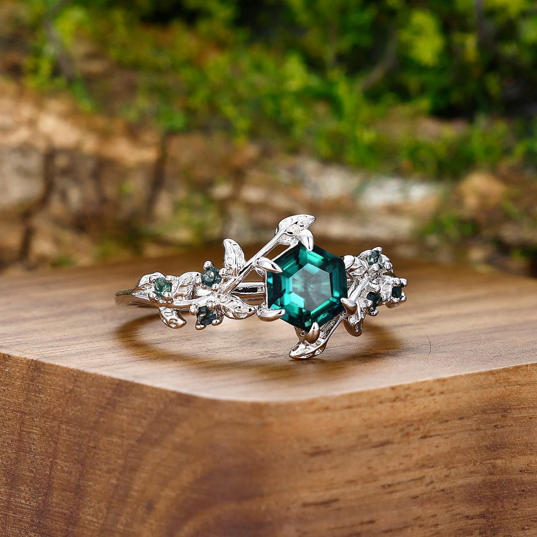 Octagon Natural Emerald Ring newest set with Pave Diamonds | Oxidized 925 Sterling Silver with a Split Shank | Wedding Ring | Promise Ring